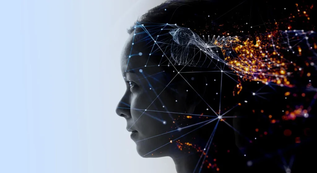double exposure business woman with world futurist