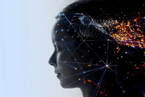 double exposure business woman with world futurist